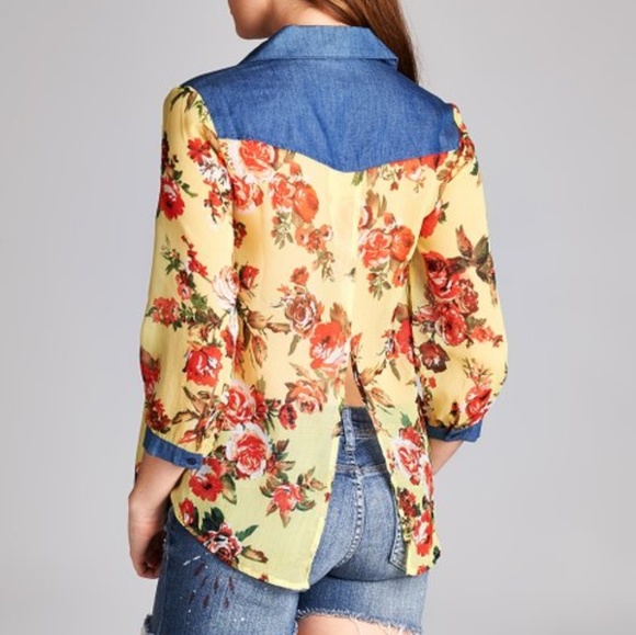 Yellow Sheer Floral & Denim Blouse - Picture 1 of 5